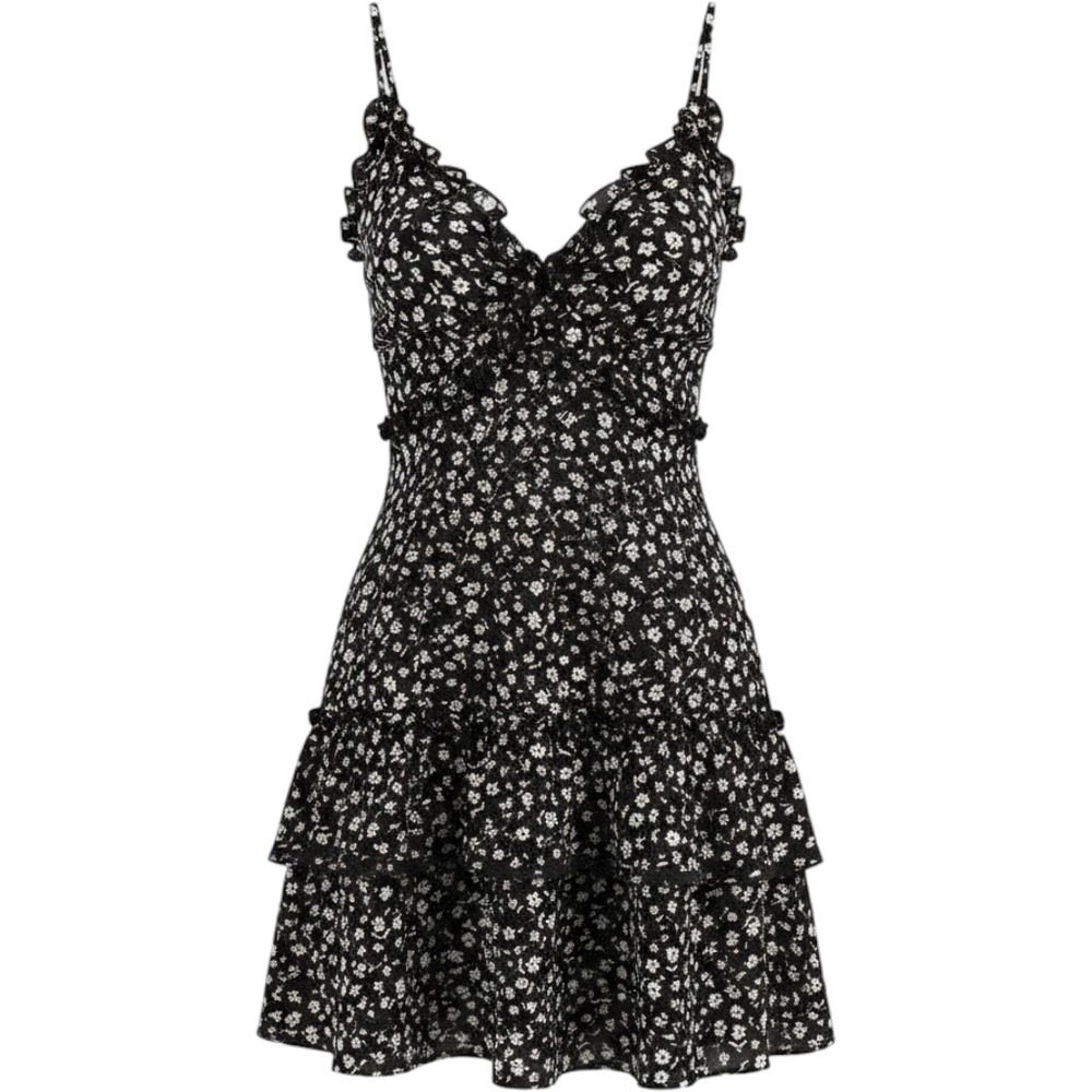 Flirty navy Floral Mini Dress W/ Ruffled Tiers & Chic, Feminine Silhouette Y2K
